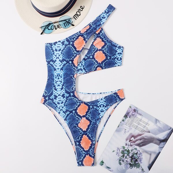 

Snakeskin Print Cut-out One Shoulder One Piece Swimsuit, Multicolor