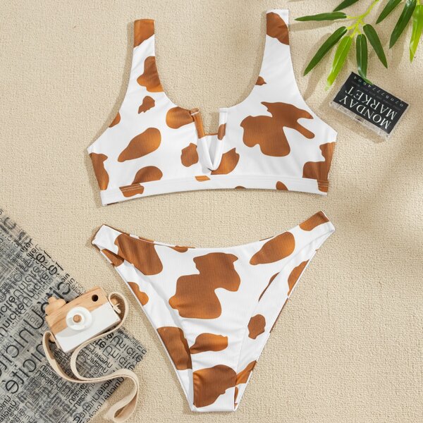

Cow Print Rib V Wired Bikini Swimsuit, Multicolor