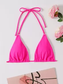 Top de bikini triangular de cuello halter de verano - Rosa Fucsia - Ver 1