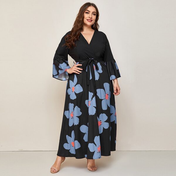 

Plus Floral Print Wrap A-line Dress, Multicolor