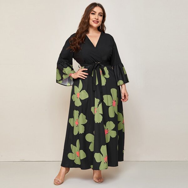 

Plus Floral Print Wrap A-line Dress, Multicolor