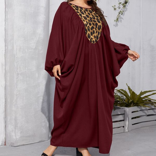 

Plus Leopard Panel Batwing Sleeve Kaftan, Burgundy