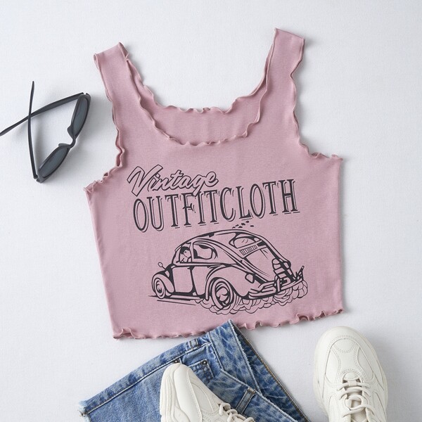 

Letter Graphic Lettuce Trim Tank Top, Dusty pink
