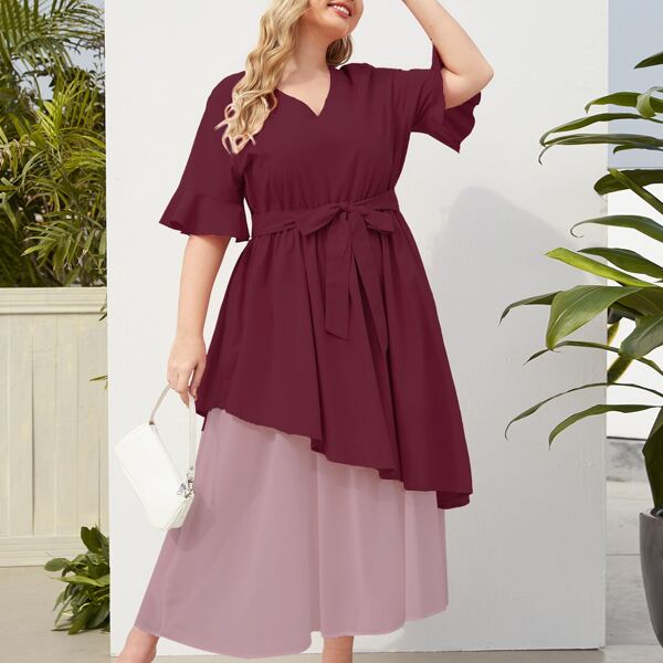 

Plus Two Tone Belted A-line Dress, Burgundy