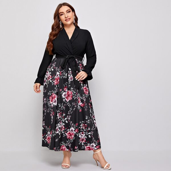 

Plus Contrast Floral Print Belted Dress, Multicolor