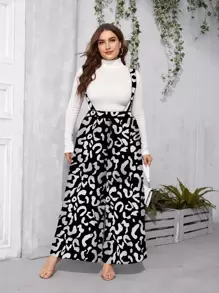 Modelyn Plus Allover Print Wide Leg Pinafore Trousers - Black and White - View 1
