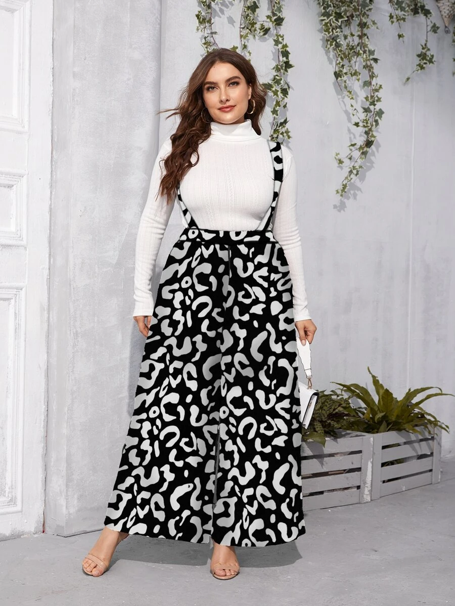 Modelyn Plus Allover Print Wide Leg Pinafore Trousers - Black and White - View 1