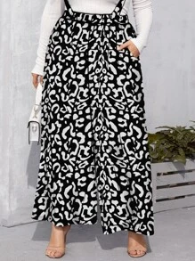 Modelyn Plus Allover Print Wide Leg Pinafore Trousers - Black and White - View 3