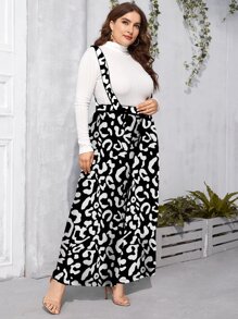 Modelyn Plus Allover Print Wide Leg Pinafore Trousers - Black and White - View 4