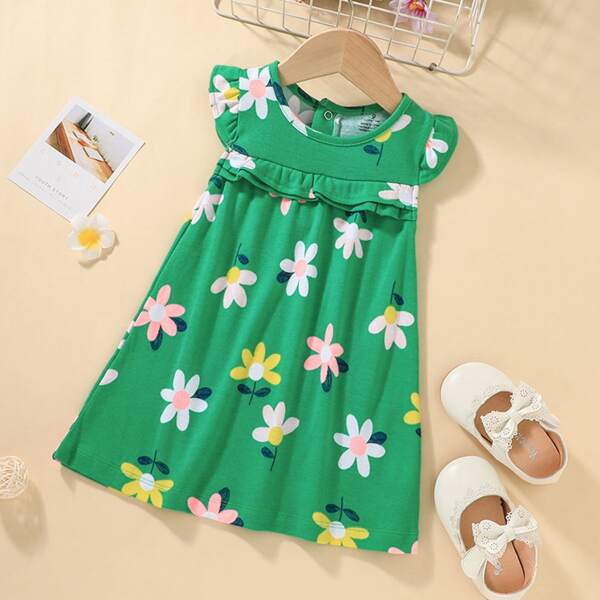 

Baby Girl Floral Print Ruffle Trim Smock Dress, Green