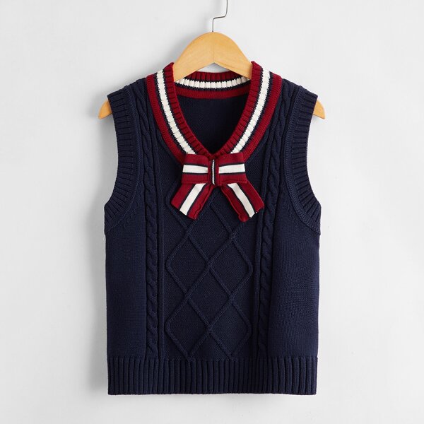 

Toddler Girls Striped Bow Neck Sweater Vest, Navy blue