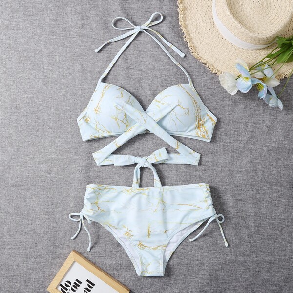 

Marble Print Push Up Bikini Swimsuit, Pastel baby blue