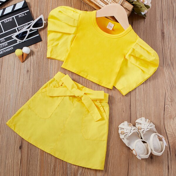 

Toddler Girls Puff Sleeve Tee With Slant Pocket Belted Skirt, Yellow