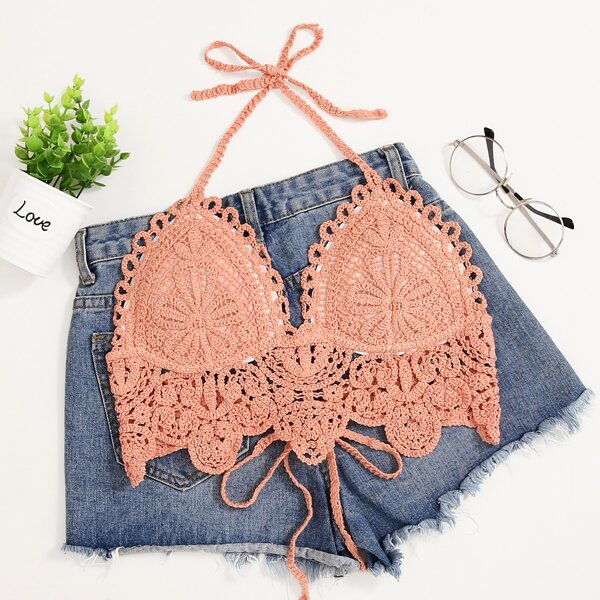

Tie Backless Crochet Halter Top, Coral orange