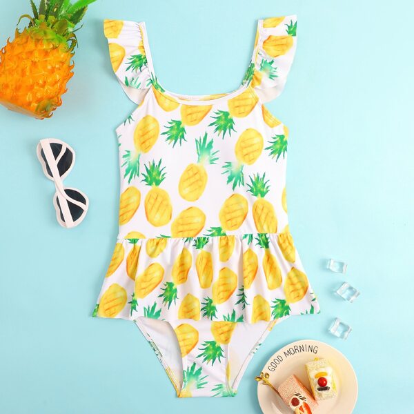 

Girls Pineapple Print Ruffle One Piece Swimsuit, Multicolor