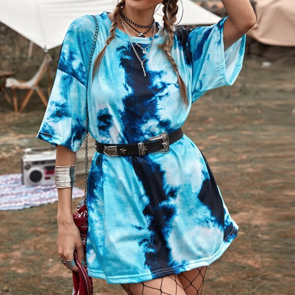 

Tie Dye Drop Shoulder Oversized Tee Without Belt, Blue