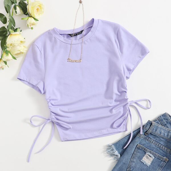 

Drawstring Ruched Side Solid Tee, Violet purple