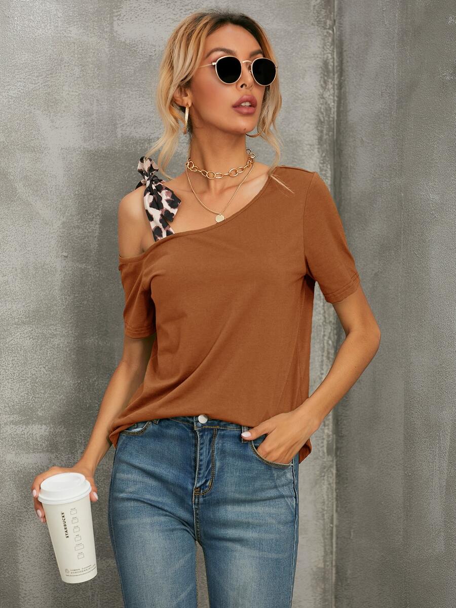 Asymmetrical Neck Tee - Brown - View 1