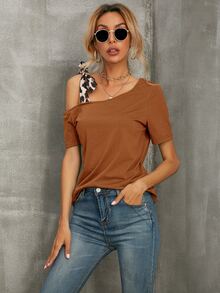 Asymmetrical Neck Tee - Brown - View 3
