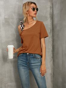 Asymmetrical Neck Tee - Brown - View 4