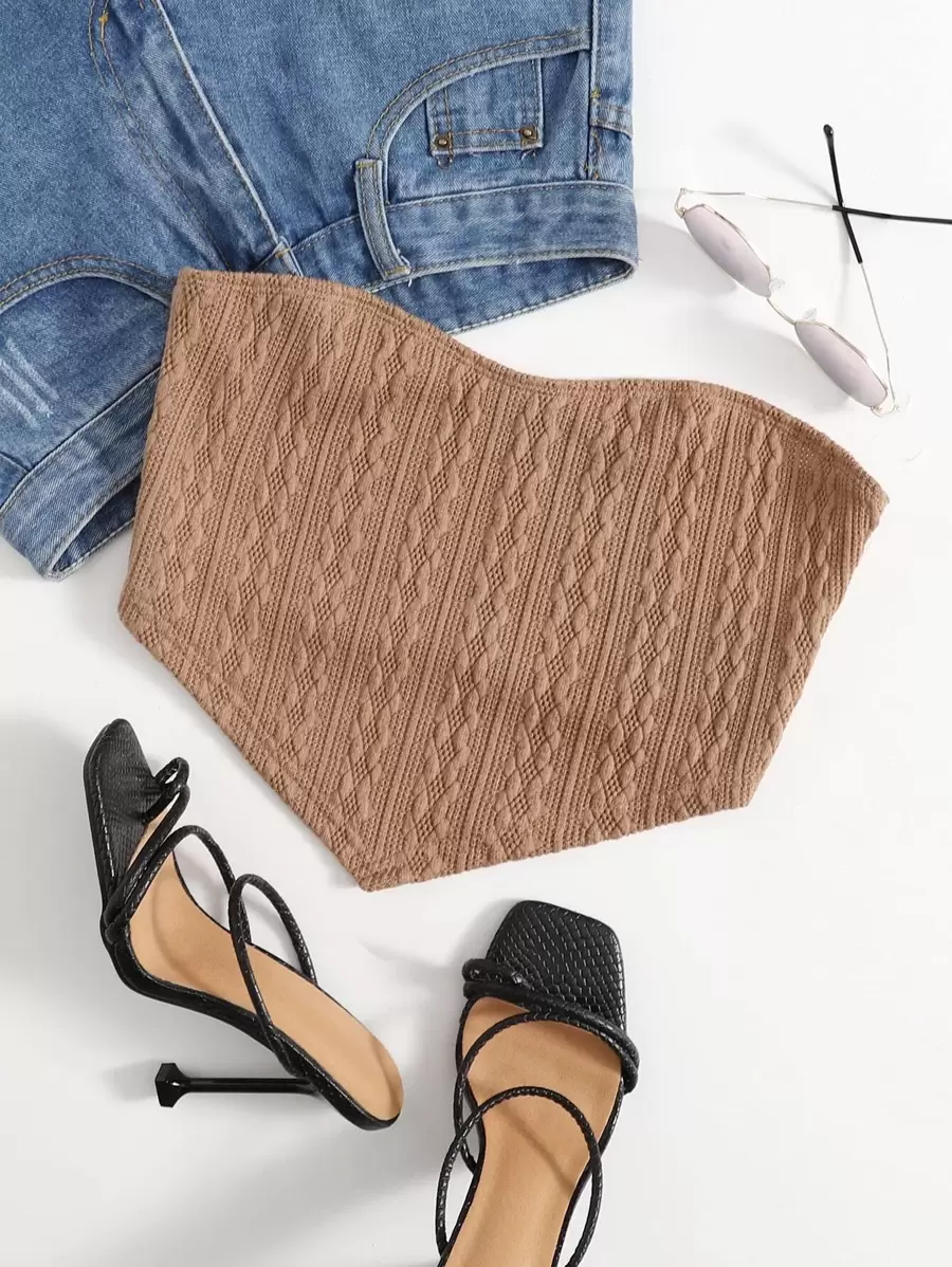 SHEIN EZwear 紋理手帕抹胸上衣 - 卡其色 - 查看 1
