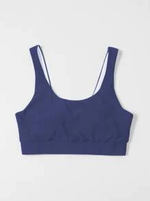Plain Scoop Neck Bikini Top, For Summer Beach Vacation - Navy Blue - View 3