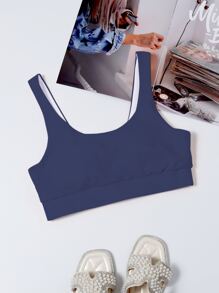 Plain Scoop Neck Bikini Top, For Summer Beach Vacation - Navy Blue - View 6