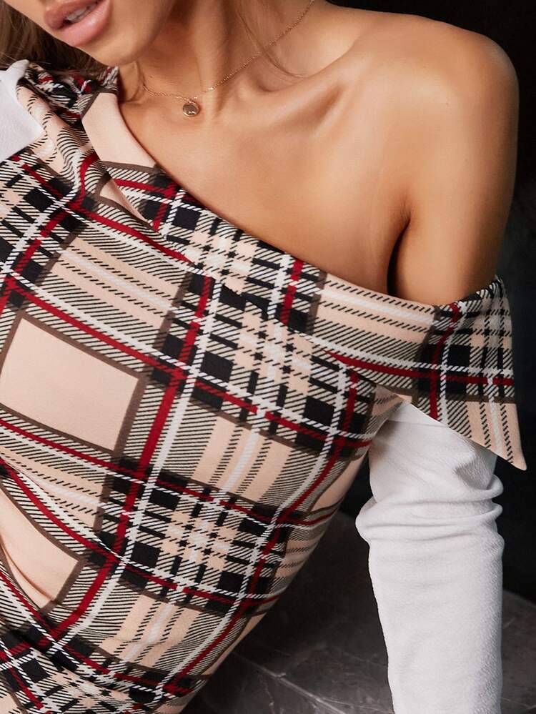 Contrast Sleeve Tartan Plaid Asymmetrical Neck Dress