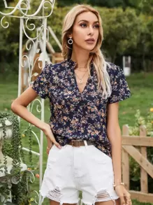 SHEIN Frenchy Allover Floral Notch Neck Blouse Summer Flower - Multicolor - View 3