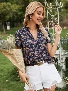 SHEIN Frenchy Allover Floral Notch Neck Blouse Summer Flower - Multicolor - View 4
