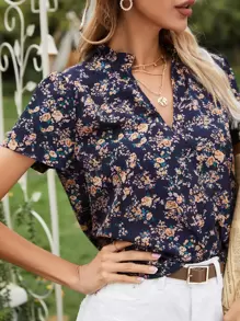 SHEIN Frenchy Allover Floral Notch Neck Blouse Summer Flower - Multicolor - View 5