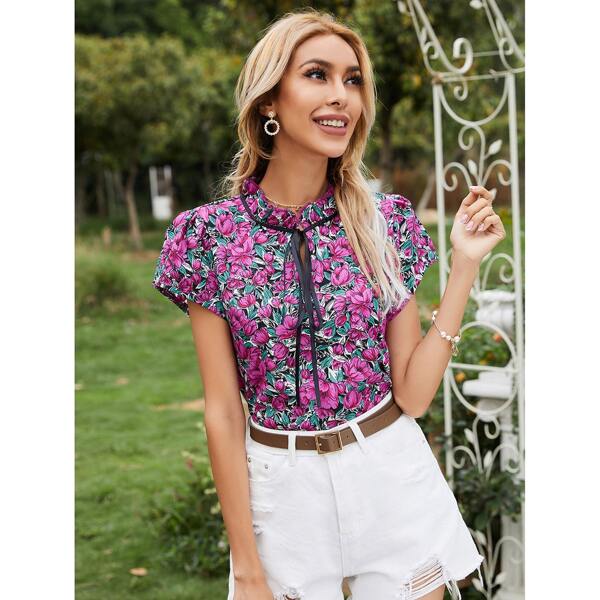 

Allover Floral Tie Neck Blouse, Multicolor