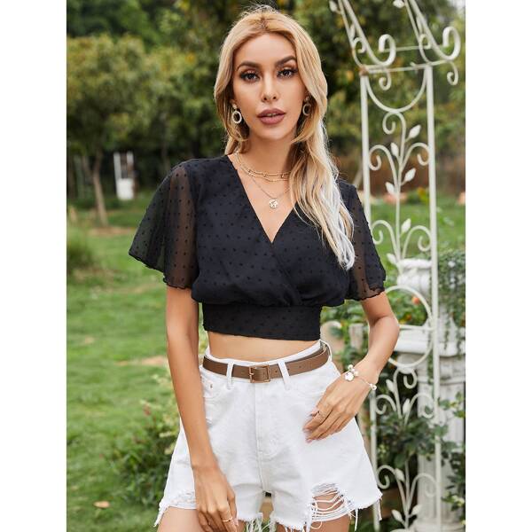 

Swiss Dot Tie Back Surplice Neck Crop Blouse, Black