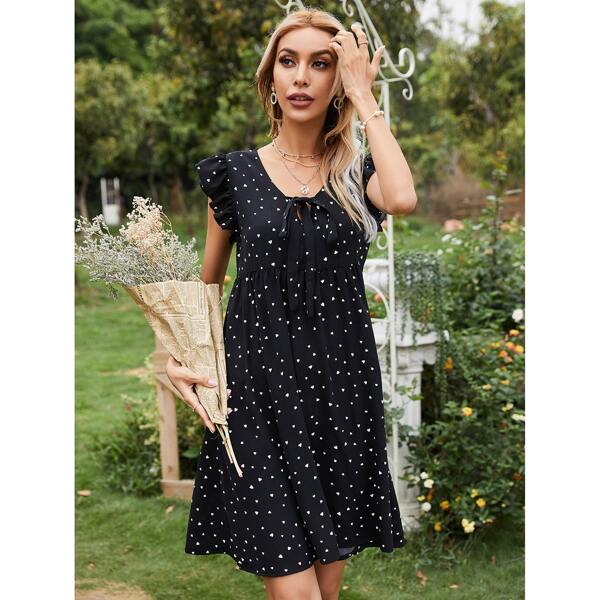 

Allover Heart Print Tie Front Smock Dress, Black