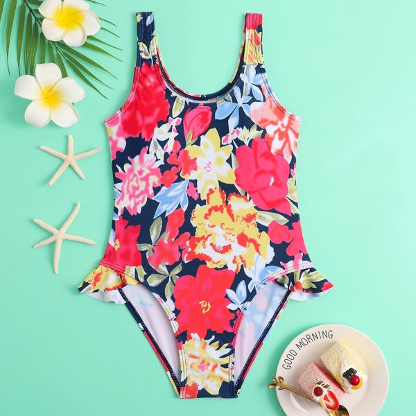 

Girls Allover Floral Pattern Ruffle One Piece Swimsuit, Multicolor