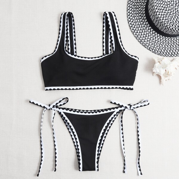 

Whip Stitch Tie Side Bikini Swimsuit, Black