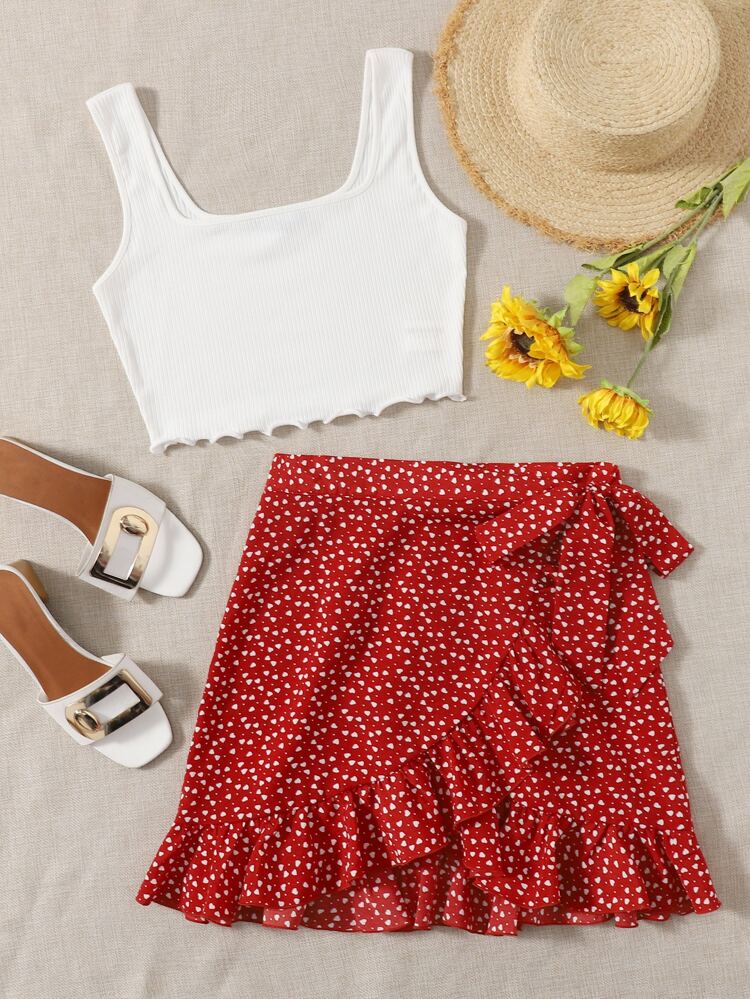 Lettuce Trim Tank Top & Wrap Tie Side Skirt Set