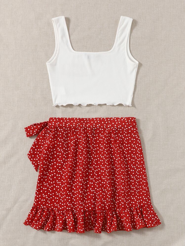 Lettuce Trim Tank Top & Wrap Tie Side Skirt Set