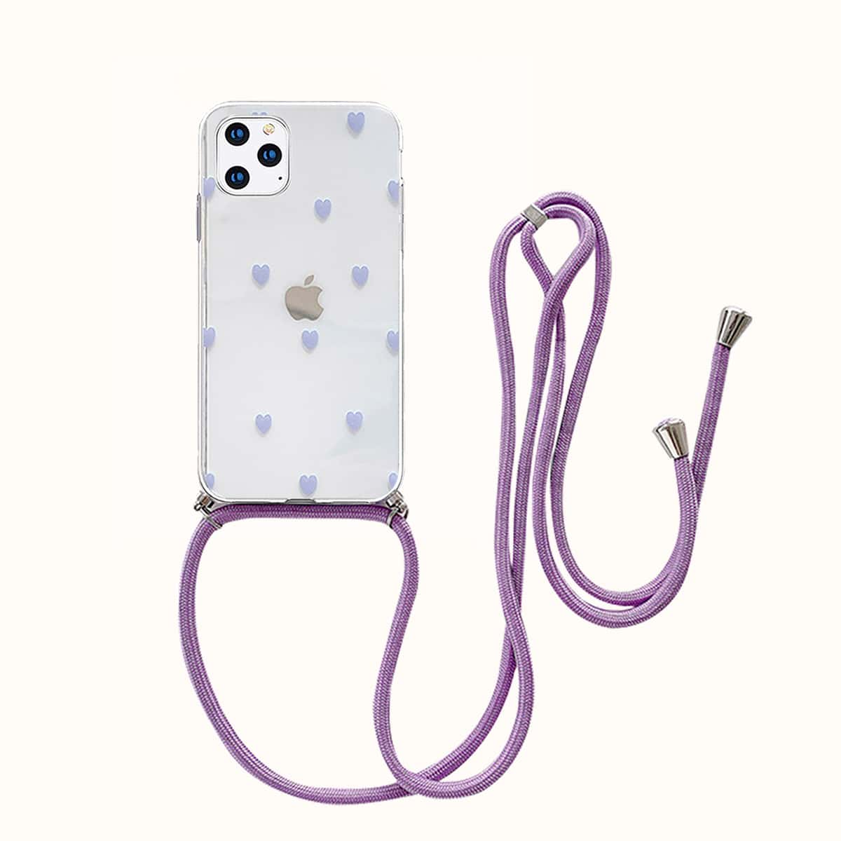 

Heart Print Clear Phone Case With Lanyard, Purple
