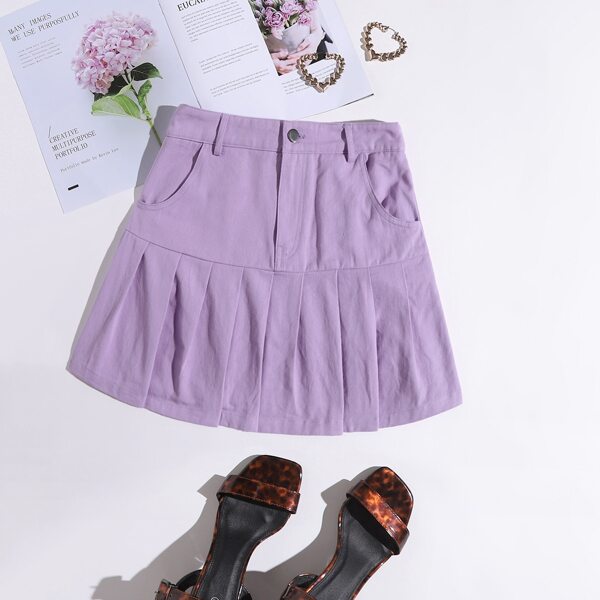 

Pleated Hem Solid Skirt, Lilac purple