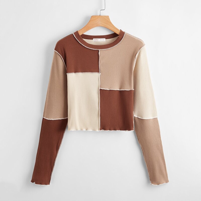

Colorblock Contrast Binding Ribbed Tee, Multicolor