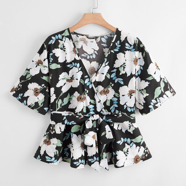

Plus All Over Floral Print Surplice Neck Belted Peplum Blouse, Multicolor