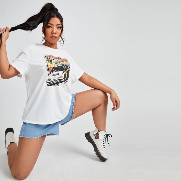 

Plus Letter And Car Print Drop Shoulder Tee, White