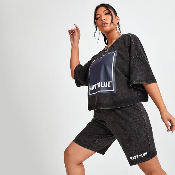 

Plus Drop Shoulder Letter Graphic Tee & Shorts Set, Black