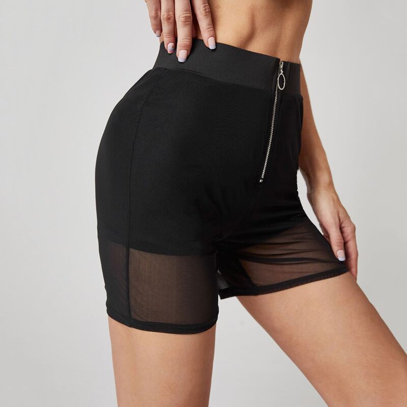 Contrast Mesh O-ring Zip Biker Shorts, Black