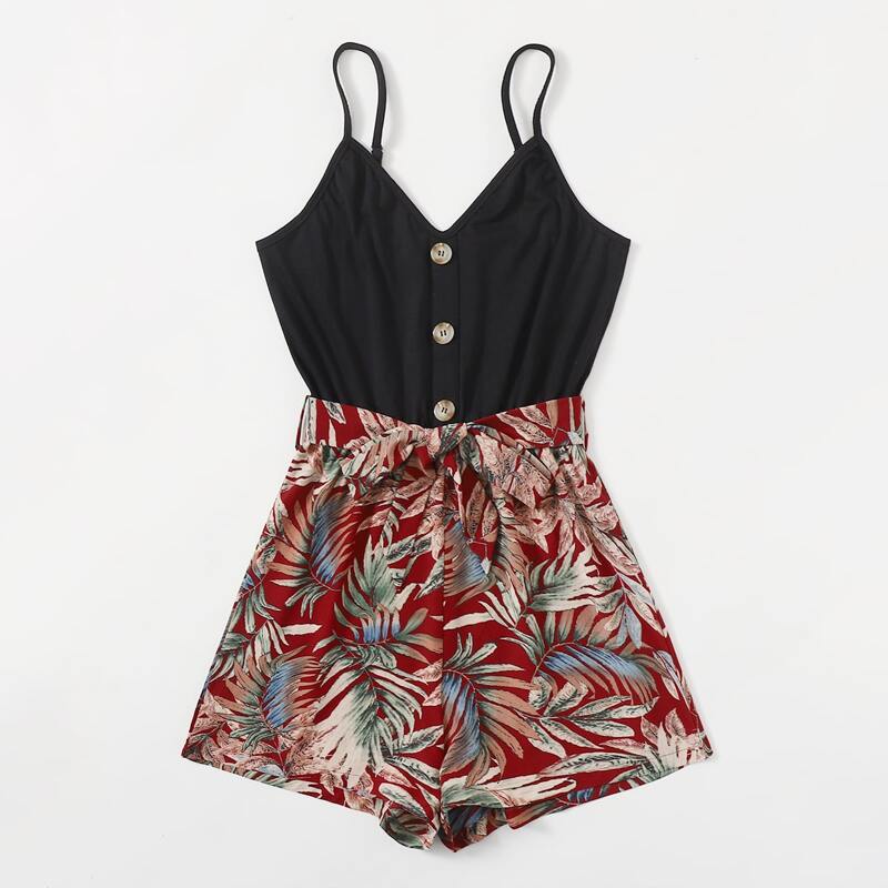 

Leaf Graphic Button Front Belted Romper, Multicolor