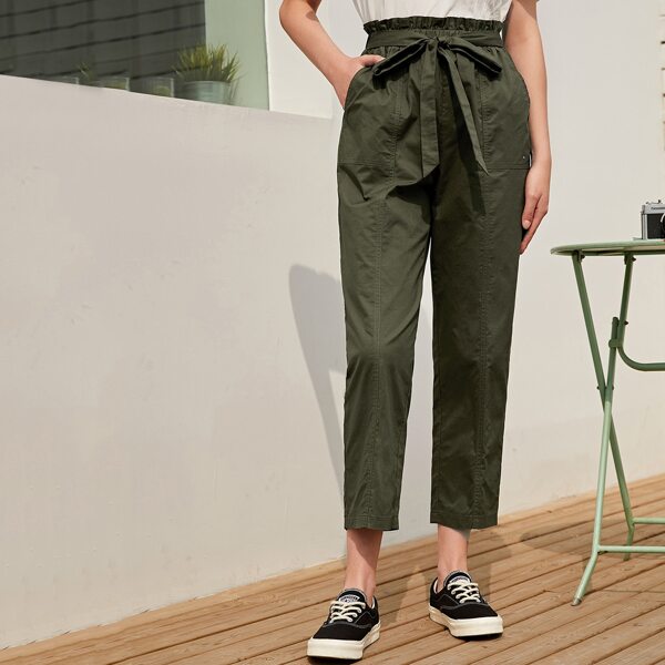 

Paperbag Waist Tie Front Pants, Army green