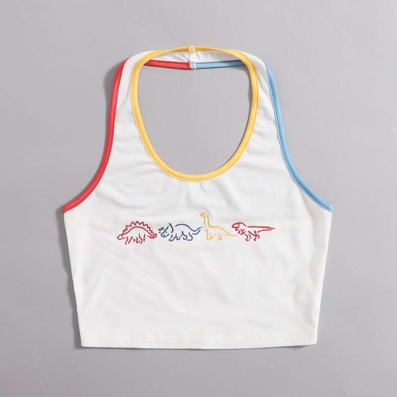 

Dinosaur Embroidery Contrast Binding Halter Crop Top, Multicolor