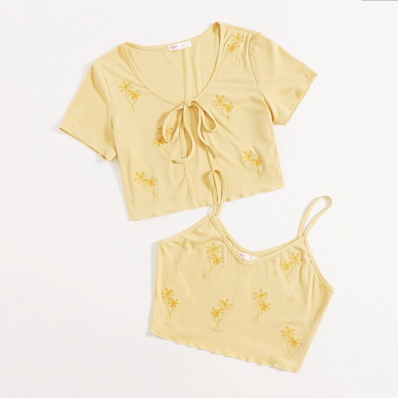 

Floral Embroidery Ribbed Cami & Tie Front Top, Yellow