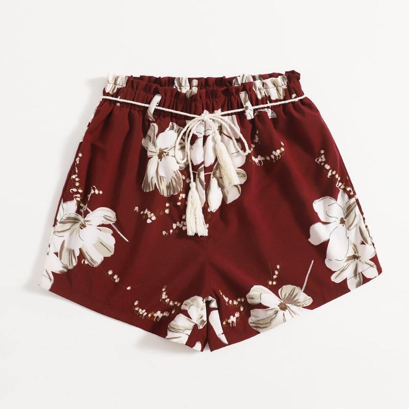 

Floral Belted Shorts, Burgundy